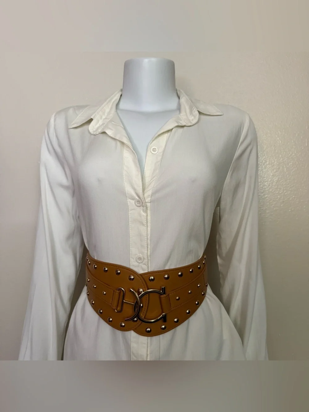 Camel wide PU studded leather elastic waistband belt